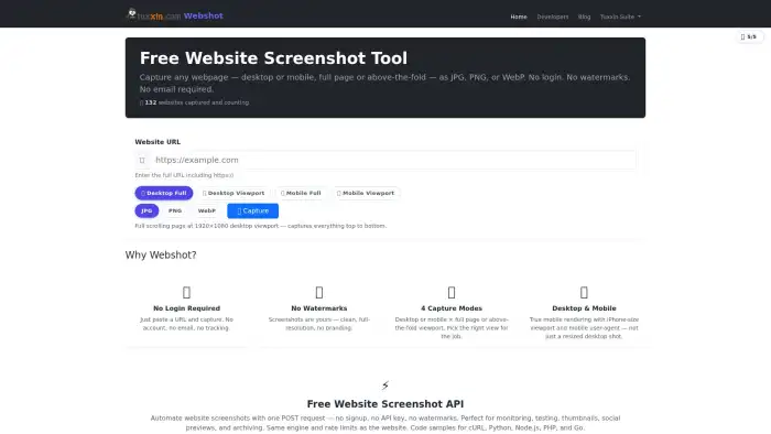 Desktop viewport (above-the-fold) capture of webshot.site