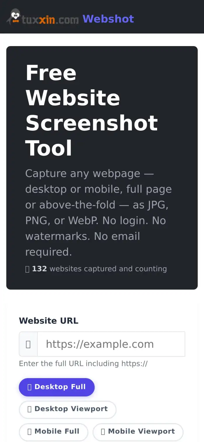Mobile viewport (above-the-fold) capture of webshot.site